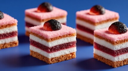 Four slices of cake topped with fresh strawberries and blackberries on a white plate, bright lighting.
