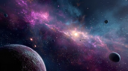 Naklejka premium A cosmic ballet of planets dancing amidst vibrant nebulas celestial art on transparent background