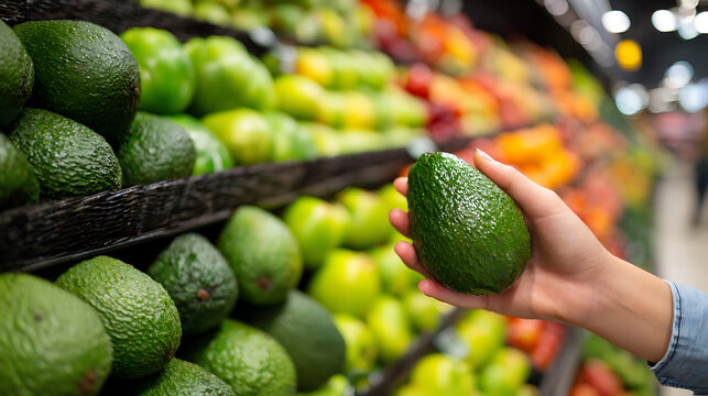 Close-up of a person's hand carefully choosing a perfect avocado from an immaculately organized fresh produce display in a supermarket. 