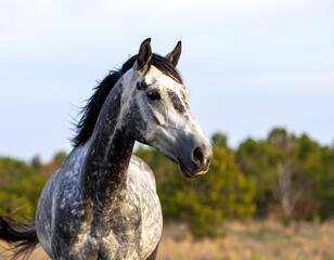 Fototapeta premium Gray horse portrait in field (1)