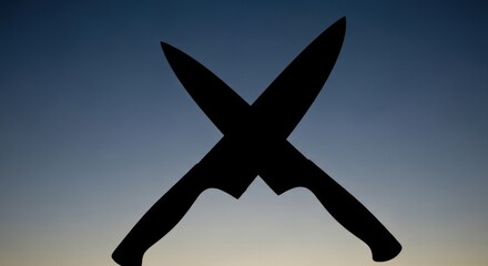 Dramatic silhouette of crossed chef knives against a serene twilight sky, symbolizing culinary passion and sharp precision.
