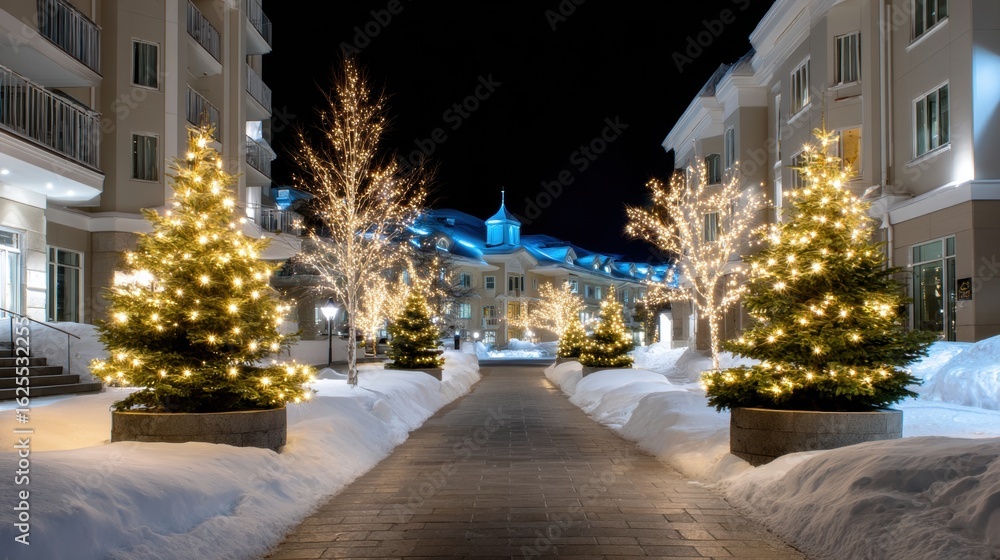 Poster snow-covered pathway lined with illuminated trees leading to a lit building at dusk.