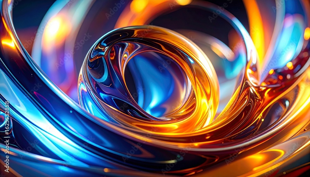 Poster abstract fluid artwork featu intertwined glossy streams in vibrant blues and golds, creating a capti