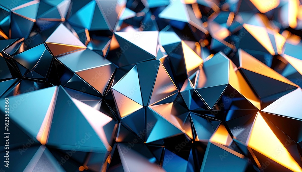 Poster abstract geometric background featu metallic blue and golden pyramids, creating a modern, luxurious,
