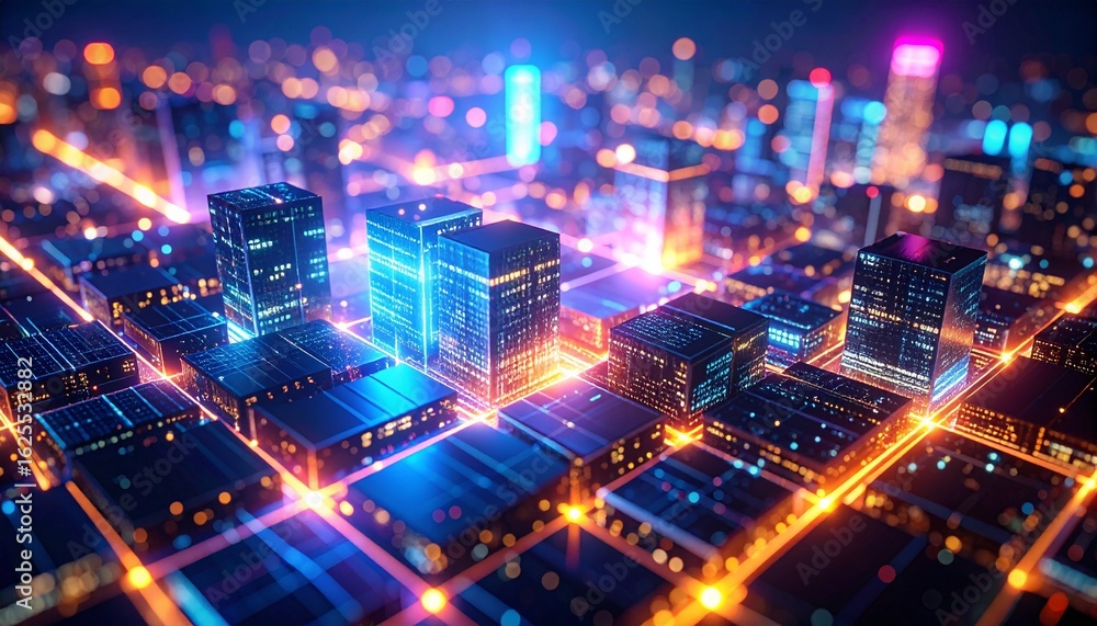 Poster a futuristic cityscape glows with neon lights highlighting the modern architecture and intricate net