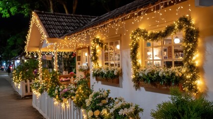 Snow-covered white house decorated with Christmas lights and green garlands at dusk.