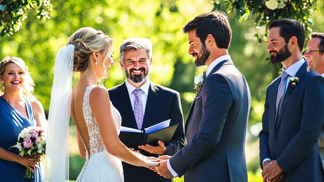Smiling Bride and Groom Reading Together in a Park with Friends and Family