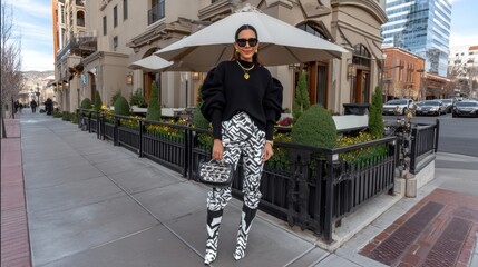 Woman wearing black and white pants and sunglasses standing on an urban sidewalk during daytime.