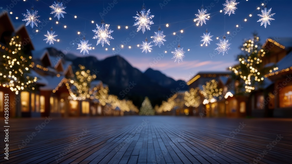 Poster white snowflake ornaments hanging from strings against a blurred bright background, creating a festi