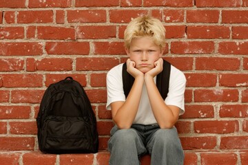 A boy sits against a brick wall, looking unhappy.