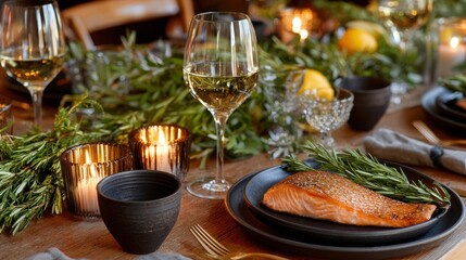 Elegant table setting with a plate of food and wine glasses on a wooden surface in soft daylight.