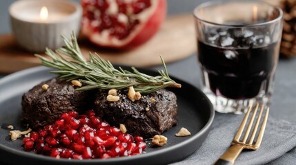 Plate of cooked meat garnished with pomegranate seeds on a white dish, close-up food photography.