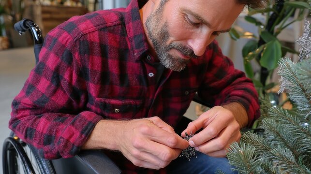 Middle-aged man in wheelchair trimming white fabric indoors with focused expression and natural light.