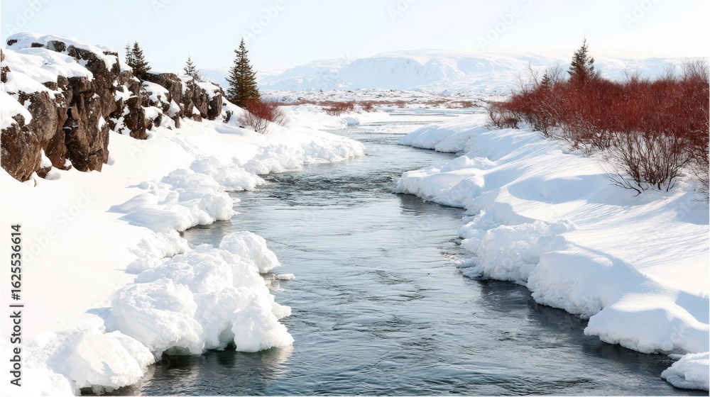 Poster snow-covered stream flowing through a winter forest with snow-laden trees under soft daylight.