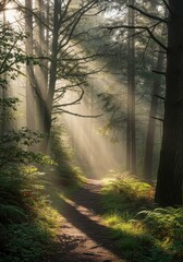 Obraz premium Sunlight filtering through trees onto a forest path