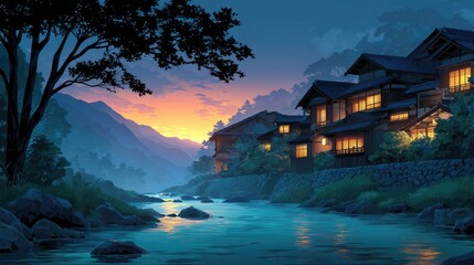Tranquil riverside village at dusk.