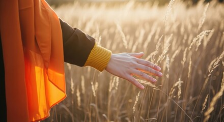 Womans hand gently touching tall grass in golden sunset light