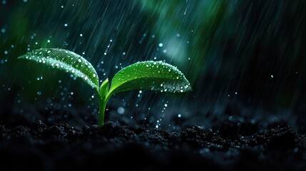 A young sprout emerges from the dark soil during a rainstorm.