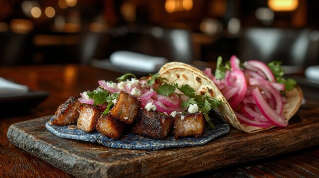 Crispy chicharron appetizer plated on dark stone slate with pickled red onions, fresh herbs, cheese crumbles, tortillas, upscale restaurant atmosphere