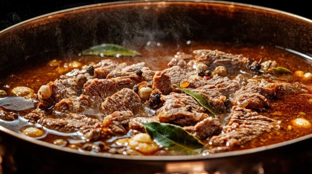 Traditional machaca dried beef cooking in dark adobo sauce with whole peppercorns bay leaves steam rising from cast iron skillet Mexican food