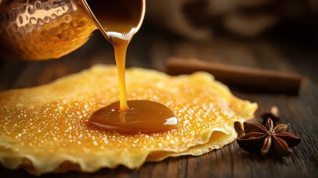 Cajeta crepes with caramel sauce being poured from copper pitcher onto golden crepe with powdered sugar, star anise garnish on dark wooden surface in premium restaurant setting