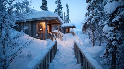 Snow-covered path leads to a warmly lit cabin in a dense forest during twilight winter evening.