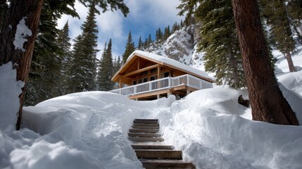 Snow-covered wooden steps ascending to a rustic cabin surrounded by dense winter forest in daylight.