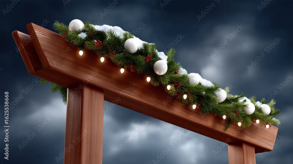 Poster wooden structure illuminated with multiple warm lights against a dark background at night.