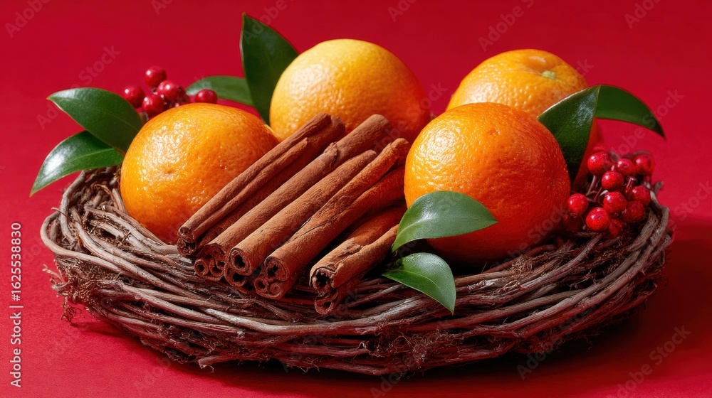 Poster oranges and cinnamon sticks arranged in a nest on a vibrant red background, perfect for festive them