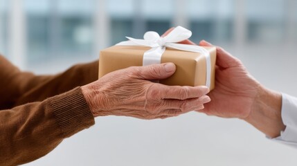Person handing a wrapped gift to a man in a brown sweater indoors with soft natural lighting.