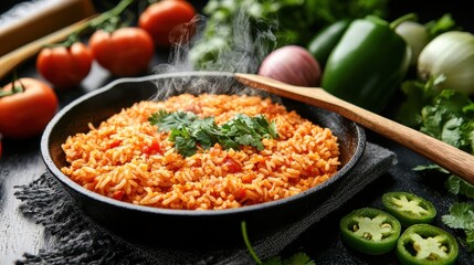Mexican rice traditional cooking in seasoned cast iron pan displaying vibrant orange hue with fresh cilantro garnish surrounded by whole tomatoes fresh peppers wooden spoon steaming hot