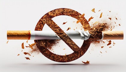 broken cigarette with torn paper and loose tobacco falling anti smoking symbol isolated on white background