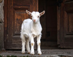 White kid goat by rustic door