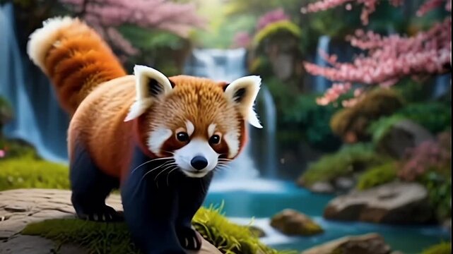 Red panda in the stunning waterfall background