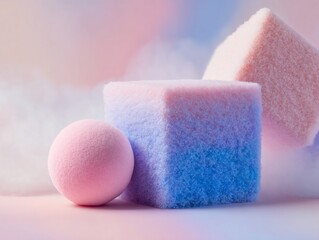 Soft cube sphere plush shapes in gradient pastel tones artistic studio background