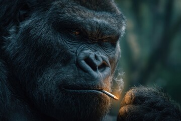 Obraz premium Close-up of a gorilla smoking a cigarette.