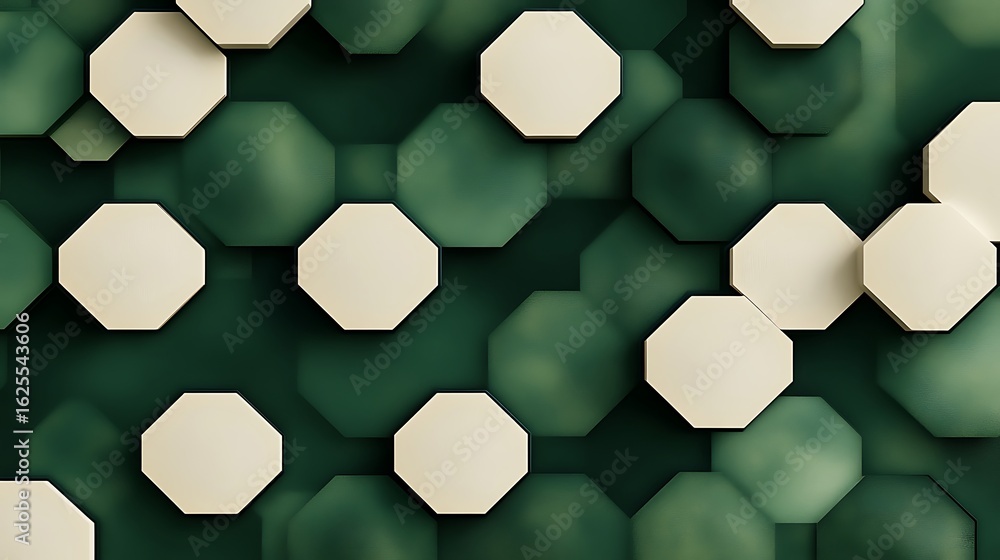 Poster an abstract hexagonal pattern in deep emerald green and soft cream with smooth gradients and subtle 