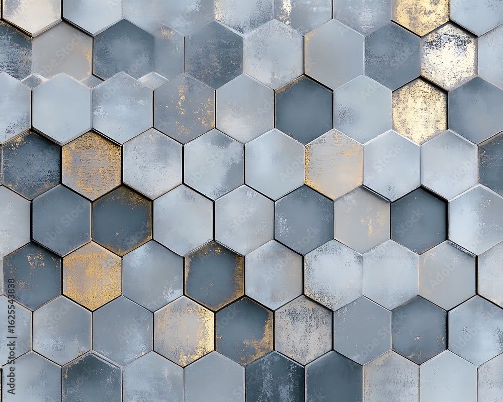 Poster an intricate hexagonal background with soft metallic grays and muted gold forming an elegant and sub