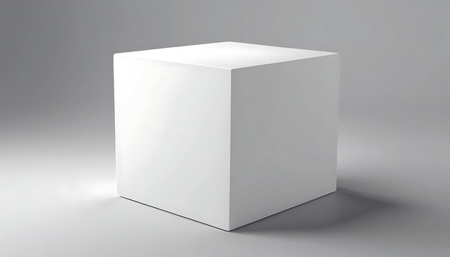 A simple white cube sitting on a white surface with a grey background in a studio setting