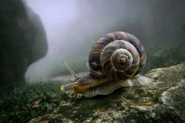 Snail on a Rock in a Misty Forest
