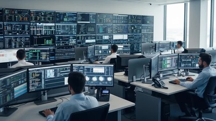 High-tech Control Room: Engineers Monitoring Complex Data on Multiple Screens and Wall Displays - Powered by Adobe