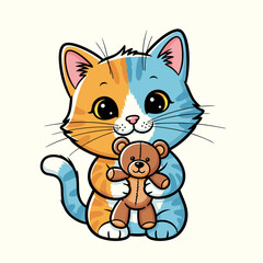 Obraz premium Adorable Two Toned Kitten Holding Stuffed Animal Cartoon Illustration