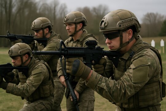Soldiers aiming with rifles during military training exercise - Powered by Adobe