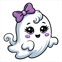 Cartoon Halloween ghost girl with orange hair bow smiling. Flat vector character perfect for holiday party, horror theme, and trick or treat illustrations