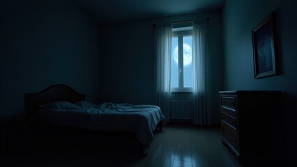 A moonlit bedroom bathed in tranquil darkness.