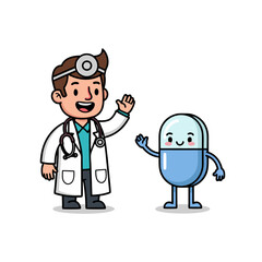 Friendly Medical Professional and Medication Characters Greeting Each Other