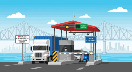 Fototapeta premium Vector Illustrations. Trucks at USACanada Border Crossing Checkpoint with Bridge and Cityscape. AI EPS Editable