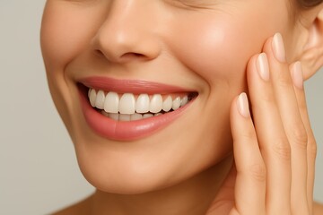 Obraz premium Radiant smile of a woman with perfectly white teeth, hand gently touching her face, Dental care Background