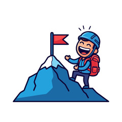 Happy Climber Reaching Mountain Peak With Flag