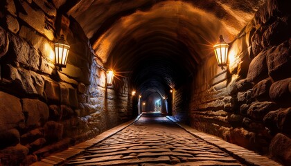 an atmospheric underground tunnel illuminated by flickering torches featuring rough stone walls and a cobblestone floor evoking a sense of mystery and adventure